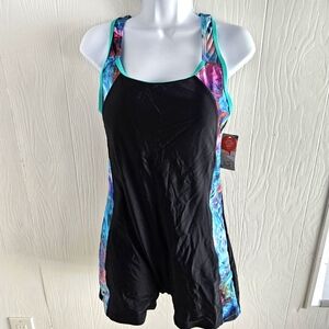 Women's Black and Multicolor Swim Romper